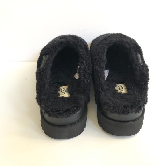 UGG FUZZ SUGAR BLACK SLIDE SLIP ON FAUX FUR SANDALS